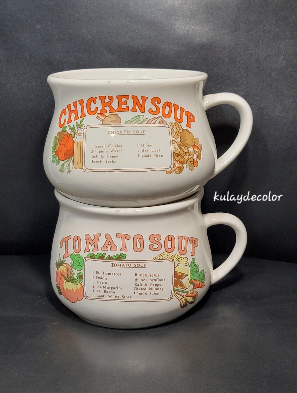 Vintage Chicken & Tomato Recipe Soup Bowls Set of 2 Mugs Retro Kitchen Decor